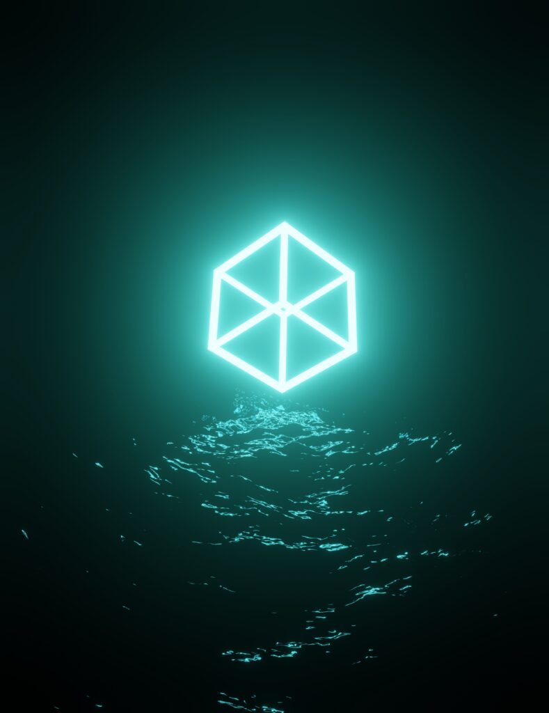 fluorescent-geometric-form-reflected-water-night-abstract-neon-lighting-80s-sunset-retro-neon-background-cyberpunk-bloom-style-abstract-concept-art-image-copy-space-colourful